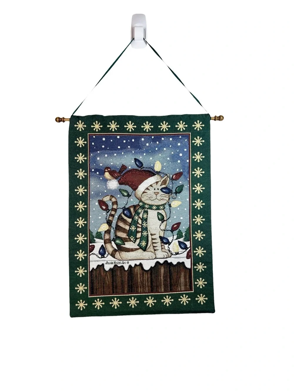 Vintage Cat Christmas Tapestry Wall Hanging Holiday 90s Woven Cottagecore